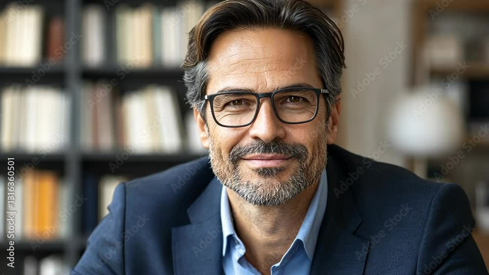 Mature man in glasses smiles while seated at a desk surrounded by books in a cozy indoor setting Mature man in glasses smiles while seated at a desk surrounded by books in a cozy indoor setting