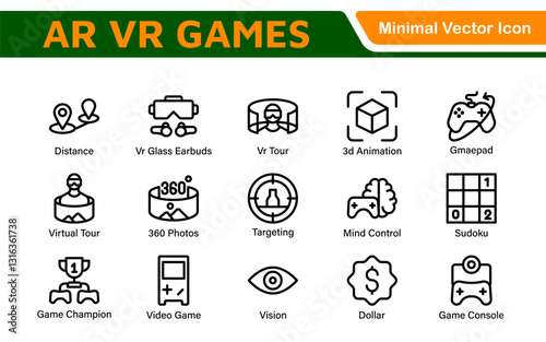 AR VR Games Icons Collection. Vector-Based Icons for Virtual Reality, Augmented Reality, Gaming, and Immersive Tech