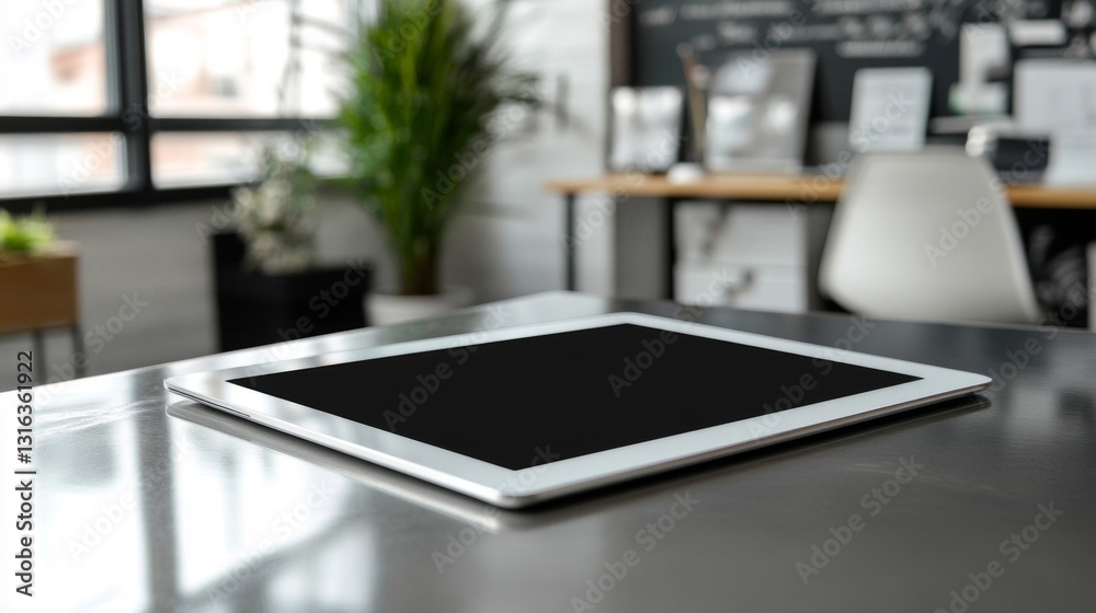 White Tablet on Modern Desk in Bright Office White Tablet on Modern Desk in Bright Office