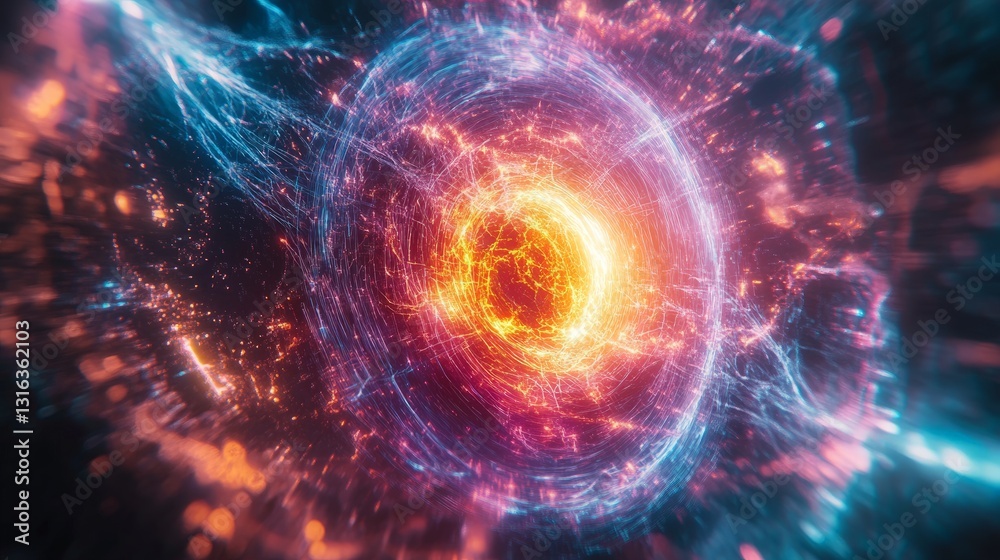 Fototapeta premium Futuristic sci-fi artwork of a glowing circular portal emitting bright blue and purple light, set within a high-tech metallic corridor, with a silhouetted figure adding mystery and scale