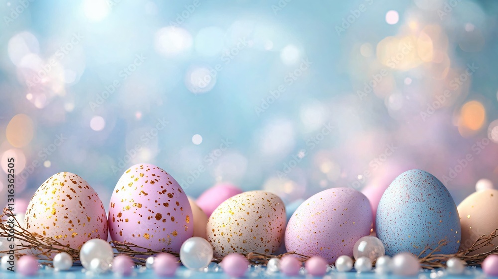 A dreamy springtime composition of pastel Easter eggs, perfect for decorations, invitations, or greeting cards for Easter celebrations. A dreamy springtime composition of pastel Easter eggs, perfect for decorations, invitations, or greeting cards for Easter celebrations.