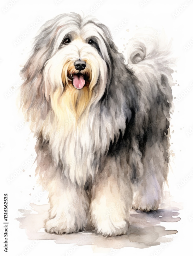 Old English Sheepdog with Shaggy Coat Watercolor Painting on White Background Old English Sheepdog with Shaggy Coat Watercolor Painting on White Background