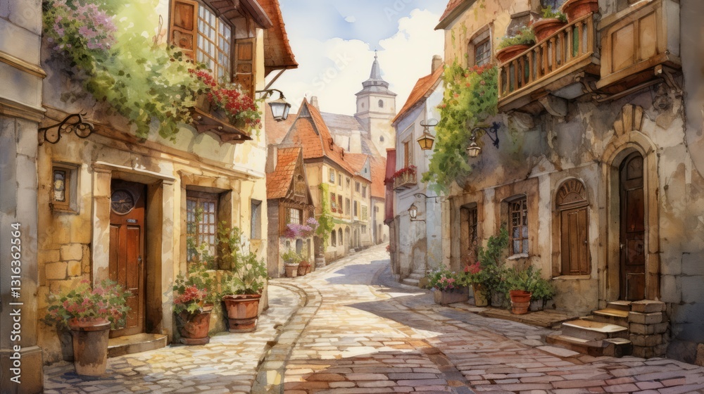 Old cobblestone street scene illustrated in beautiful watercolors with historic European architecture Old cobblestone street scene illustrated in beautiful watercolors with historic European architecture
