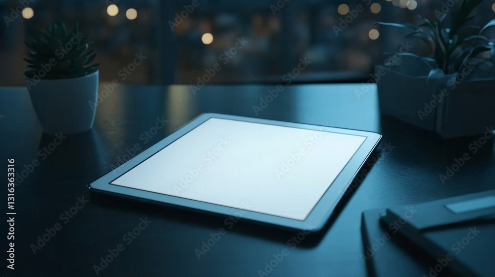 Blank Screen Tablet on Dark Desk at Night