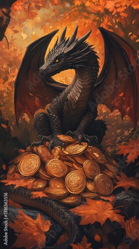 A regal dragon perches atop a shining hoard of coins