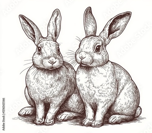 Two rabbits are seated next to each other, depicted in an intricate vintage black and white engraving style sketch, generated as a raster illustration using AI, with a scratch board effect, in black