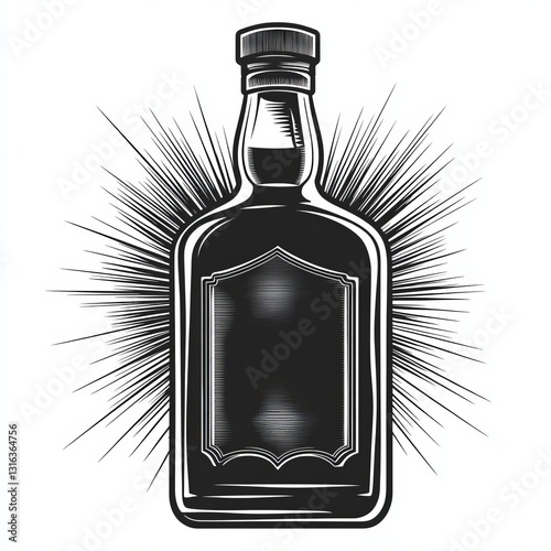 Image of a classic glass bottle with empty label and screw-top lid, illustrated in an engraved woodcut style using Stock PNG artwork, complete with scratch board texture, in monochrome