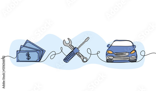 Vector illustration of money tools and car. Modern flat in continuous line style.