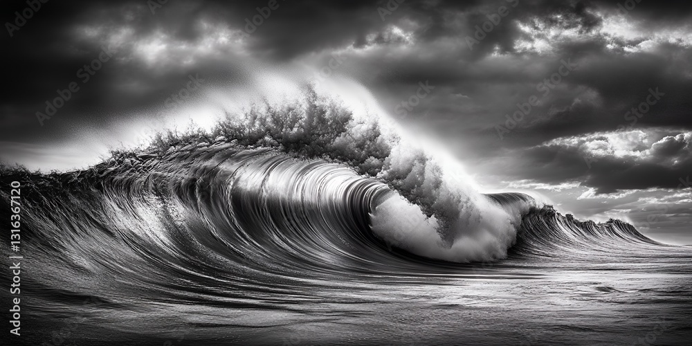 Obraz premium Dramatic Ocean Wave Monochrome Photography Powerful Nature Seascape sky art wild surf