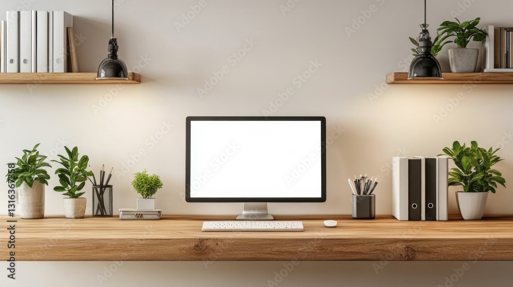 Modern Minimalist Home Workspace with Wooden Desk and Plants Modern Minimalist Home Workspace with Wooden Desk and Plants