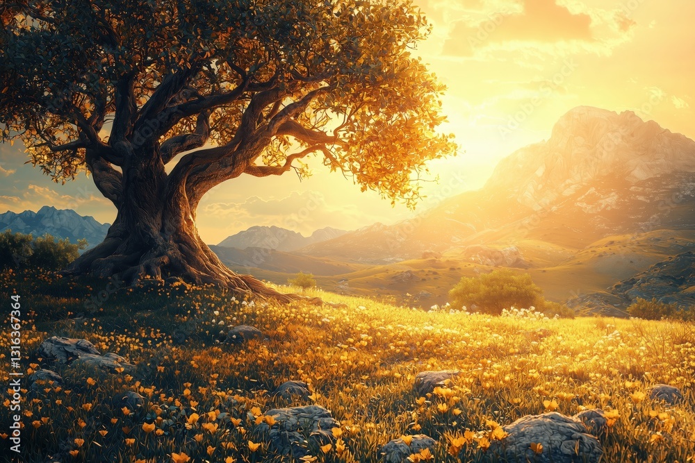 Fototapeta premium Majestic Sunset Landscape: Golden Tree in a Flower Field and Mountain View