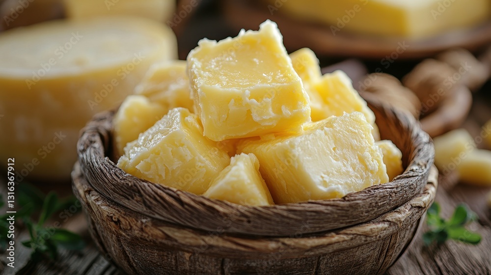 A mountain of creamy, yellow cheese, its texture smooth and inviting, sat invitingly in a rustic wooden basket. A mountain of creamy, yellow cheese, its texture smooth and inviting, sat invitingly in a rustic wooden basket.