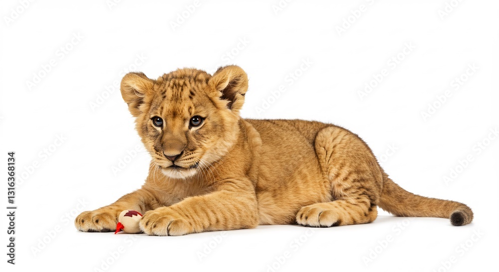 Adorable lion cub playfully rests against bright white background. AI Generated Adorable lion cub playfully rests against bright white background. AI Generated