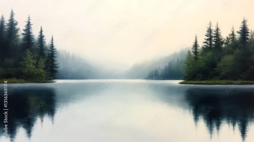 Fototapeta premium Misty lake with trees, serene reflection