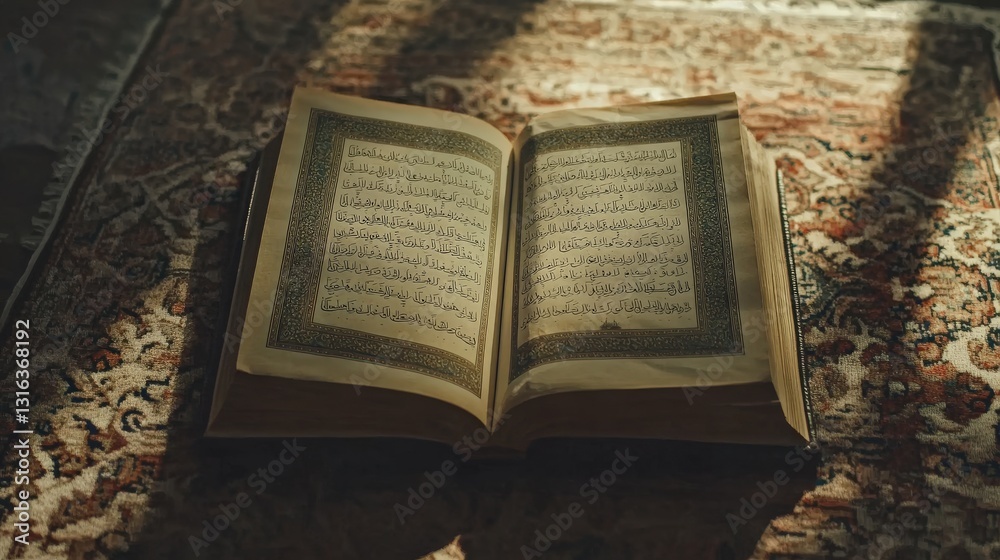 Obraz premium An open book with script on a patterned rug illuminated