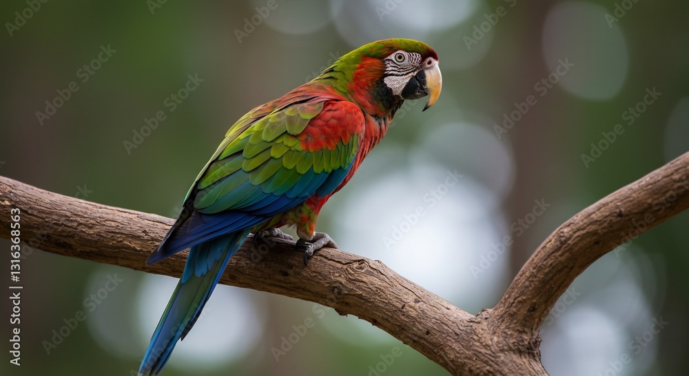 Obraz premium Vibrant Macaw Perches Gently on Branch Soft Sunlight Bathes Colorful Plumage. AI Generated