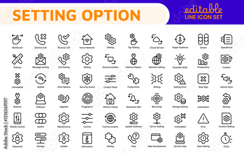 Settings, icon set. Containing options, configuration, preferences, adjustments, operation, gear, control panel, equalizer, management, optimization and productivity icons.