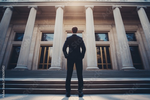 A lawyer stands firmly in front of a grand courthouse, exuding confidence as he prepares to confront a significant legal challenge. The majestic columns emphasize the seriousness of the moment