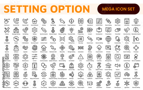 Settings, icon set. Containing options, configuration, preferences, adjustments, operation, gear, control panel, equalizer, management, optimization and productivity icons.