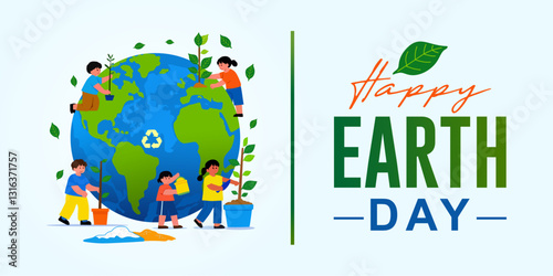 Happy Earth Day. Happy Earth day concept background vector With globe and cartoons of children planting trees in various continents. Eco friendly illustration design for web, banner,