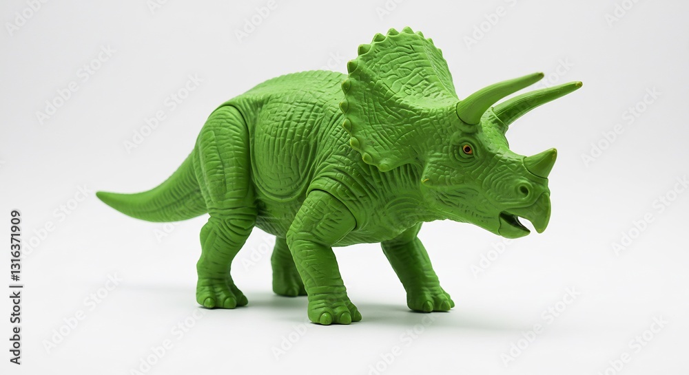 Fototapeta premium Green plastic Triceratops toy stands proudly bright studio lighting. AI Generated