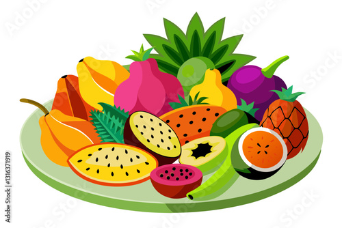 Exotic Tropical Fruits in a Ceramic Plate - Vector Illustration