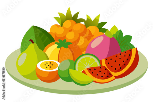 Exotic Tropical Fruits in a Ceramic Plate - Vector Illustration