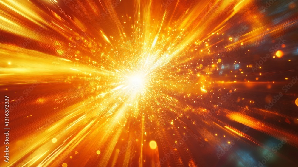 Fototapeta premium Cosmic explosion depicting a vibrant burst of energy and light, emanating from a central point with radiating streaks in hues of yellow, orange, red, and blue, set against a dark background, symbolizi