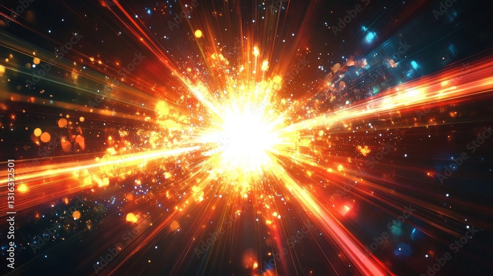 Fototapeta premium Cosmic explosion depicting a vibrant burst of energy and light, emanating from a central point with radiating streaks in hues of yellow, orange, red, and blue, set against a dark background, symbolizi
