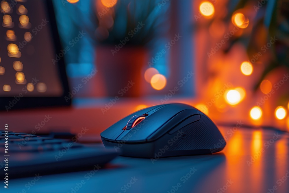 Close-up view of a sleek, wireless computer mouse on a desk at night, illuminated by warm ambient lighting. Perfect for tech blogs and websites. Close-up view of a sleek, wireless computer mouse on a desk at night, illuminated by warm ambient lighting. Perfect for tech blogs and websites.