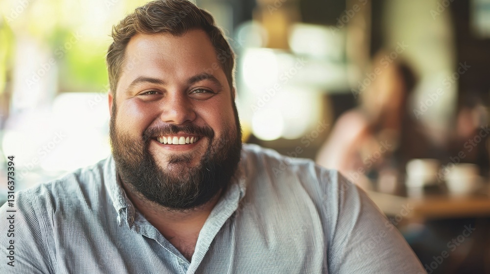 Obraz premium A smiling man with a beard sits in a cafe, exuding warmth and happiness in a lively atmosphere filled with people.