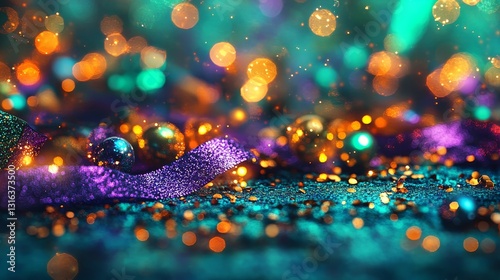 A spectacular Mardi Gras setting with shimmering bokeh lights, undulating golden ribbons, and vivid purple, green, and gold colors, inspiring a feeling of revelry and extravagance