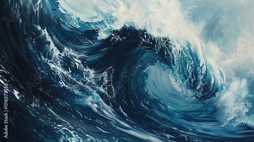 A close-up of a detailed painting of a roaring ocean wave, on a solid background.