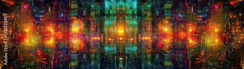 Wallpaper Mural A vibrant close-up of a digital painting showcasing a bustling cityscape, featuring vivid hues of blue, pink, and yellow, with intricate details of buildings, streets, and lively atmosphere. Torontodigital.ca