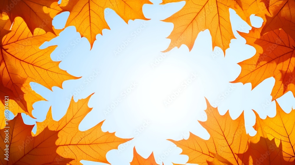 Fototapeta premium Orange and Yellow Maple Leaves Frame Bright Blue Sky Sunlight Autumn Background