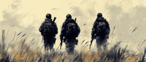 Three soldiers, shrouded in the shadows of the tall grass, stand in a silent sentinel, their backs turned to each other. Each wields a weapon and wears the attire of a seasoned warrior. 