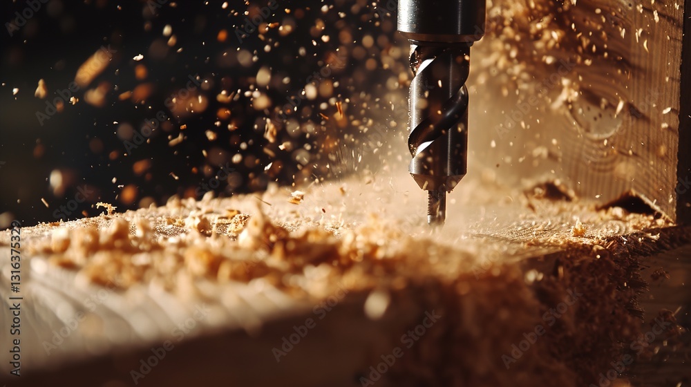 A close-up of a drill making a hole in a piece of wood, with sawdust scattering.