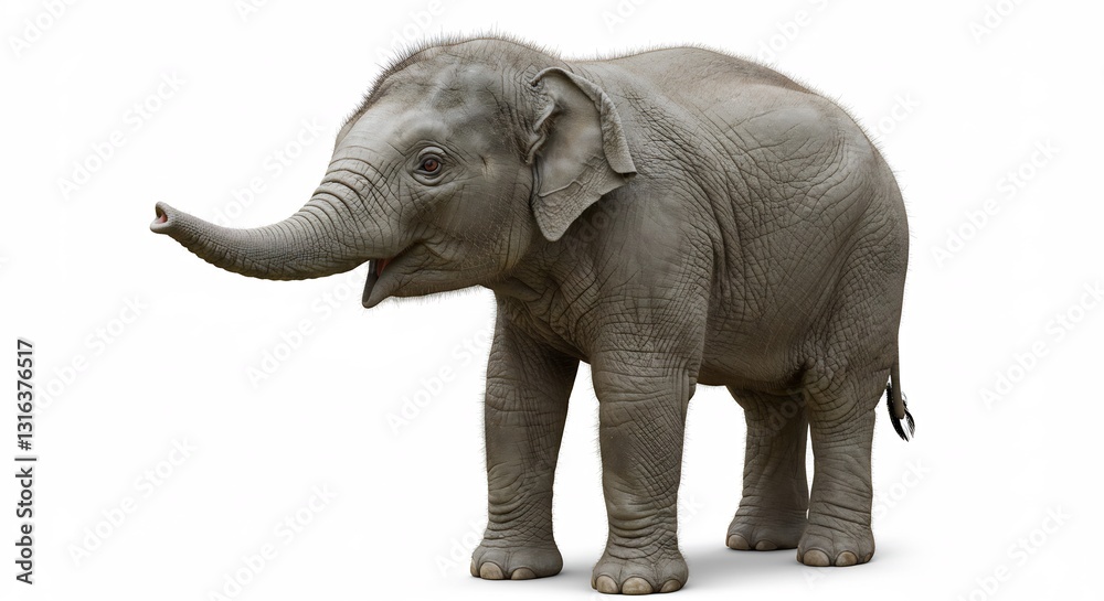 Fototapeta premium Adorable baby elephant playfully poses against a bright white background. AI Generated