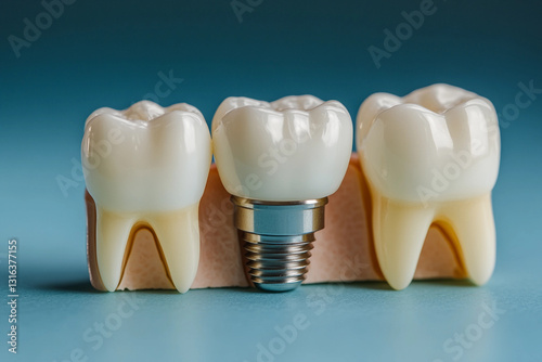 Dental implants displayed in a model of a human jaw demonstrating oral health and restoration procedures