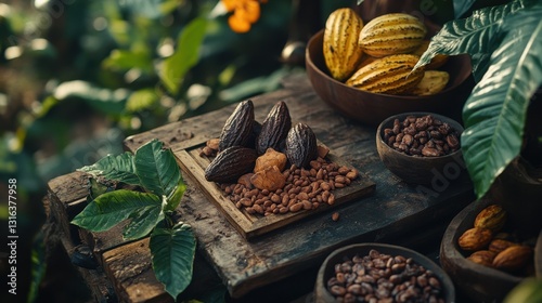 On a rustic wooden table, artfully arranged ceremonial cacao chunks and cocoa beans, surrounded by vibrant tropical leaves and earthy textures, bathed in soft natural light, exuding an aura of warmth