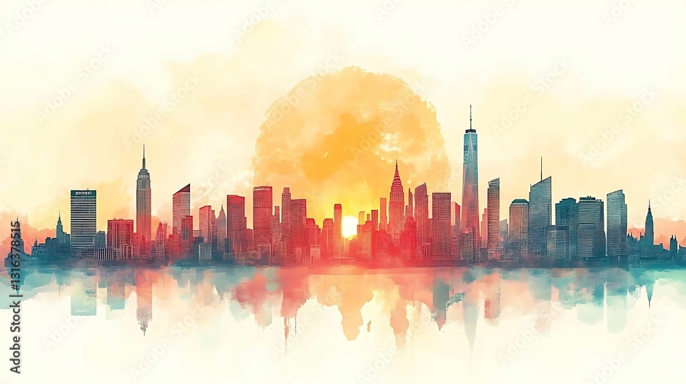 Obraz premium Colorful skyline at sunset with reflection.