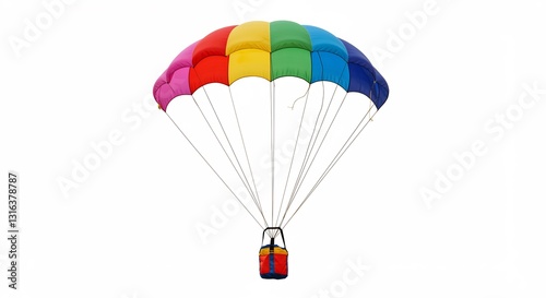 Vibrant rainbow parachute gently descends against bright white background. AI Generated
