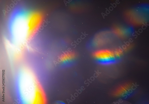 Soft bokeh effect with diffused roundish lights in spectral rainbow colours, ethereal light play, abstract grainy texture against a black background