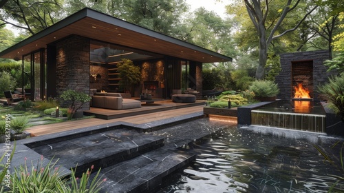 Serene Contemporary Garden with Sunken Seating Area and Striking Water Feature