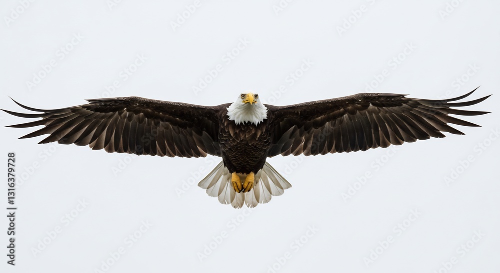 Fototapeta premium Majestic eagle powerfully soars overhead against a bright sky. AI Generated