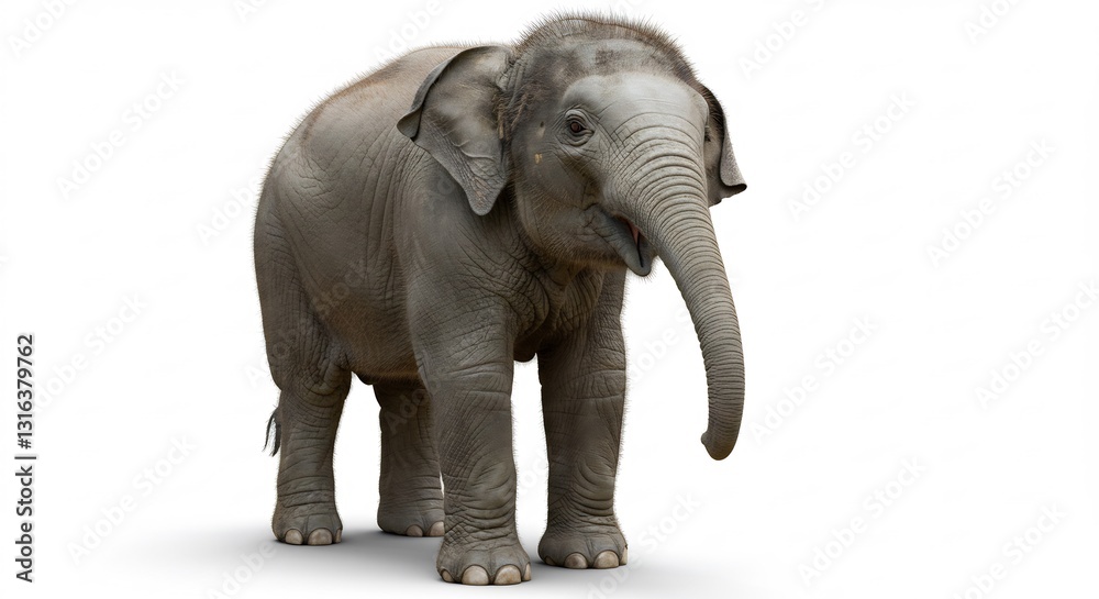 Obraz premium Adorable baby elephant stands against bright white background. AI Generated