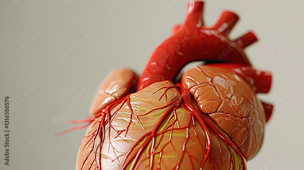 A close-up of a human heart model showing the arteries and veins, set against a solid background.