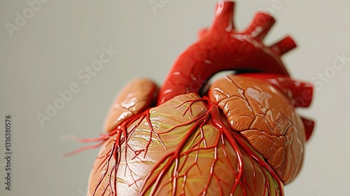 Obraz na płótnie A close-up of a human heart model showing the arteries and veins, set against a solid background. w salonie