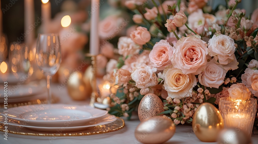 Romantic Easter dinner setup for two with soft candlelight and floral details. Intimate table with blush pink roses, champagne glasses, and delicate porcelain plates. Romantic Easter dinner setup for two with soft candlelight and floral details. Intimate table with blush pink roses, champagne glasses, and delicate porcelain plates.