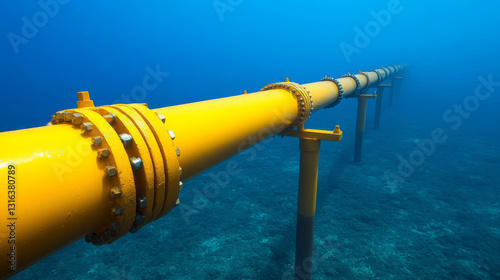wide angle shot of subsea equipment featuring long yellow pipeline extending underwater, showcasing marine engineering